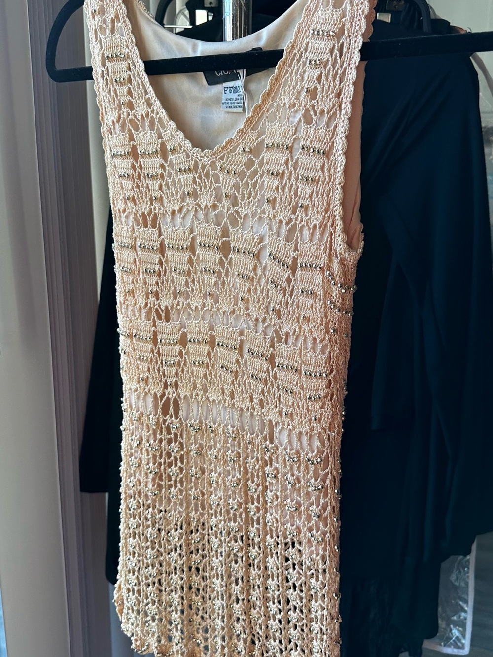 VINTAGE 1990S Beaded Crochet Overlay Sleeveless Top In Beige- Small